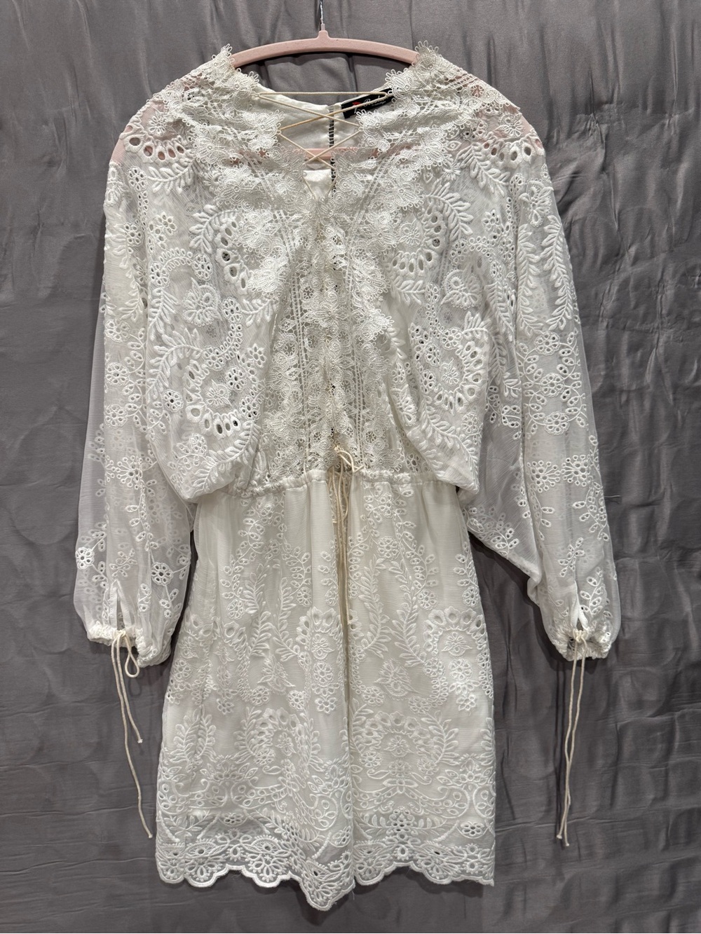 White Eyelet Lace Long Sleeve Mini Dress